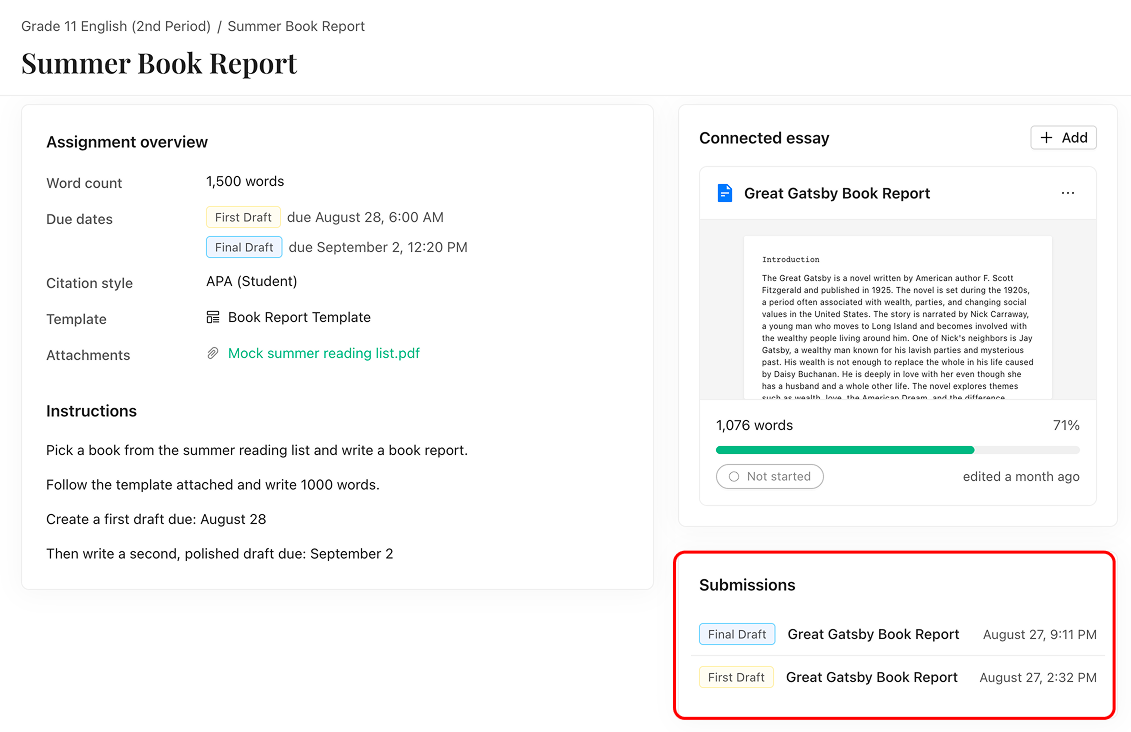An assignment page with the Submissions area highlighted, listing a Final Draft and a First Draft