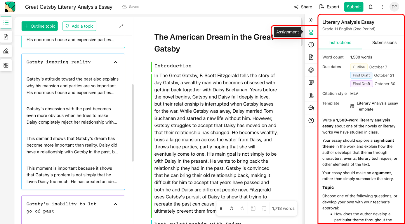 An essay open in the workspace with the Assignment panel open in the right toolbar, showing the Instructions and Submissions tabs