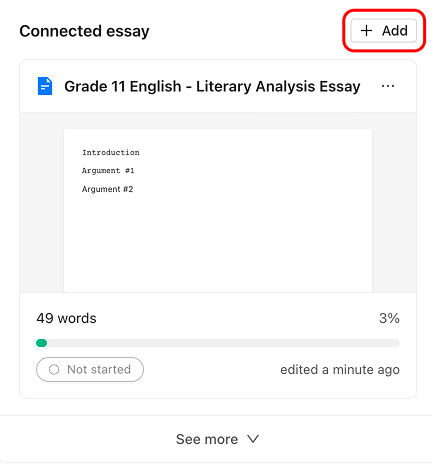 The Connected essay area with the Add button highlighted