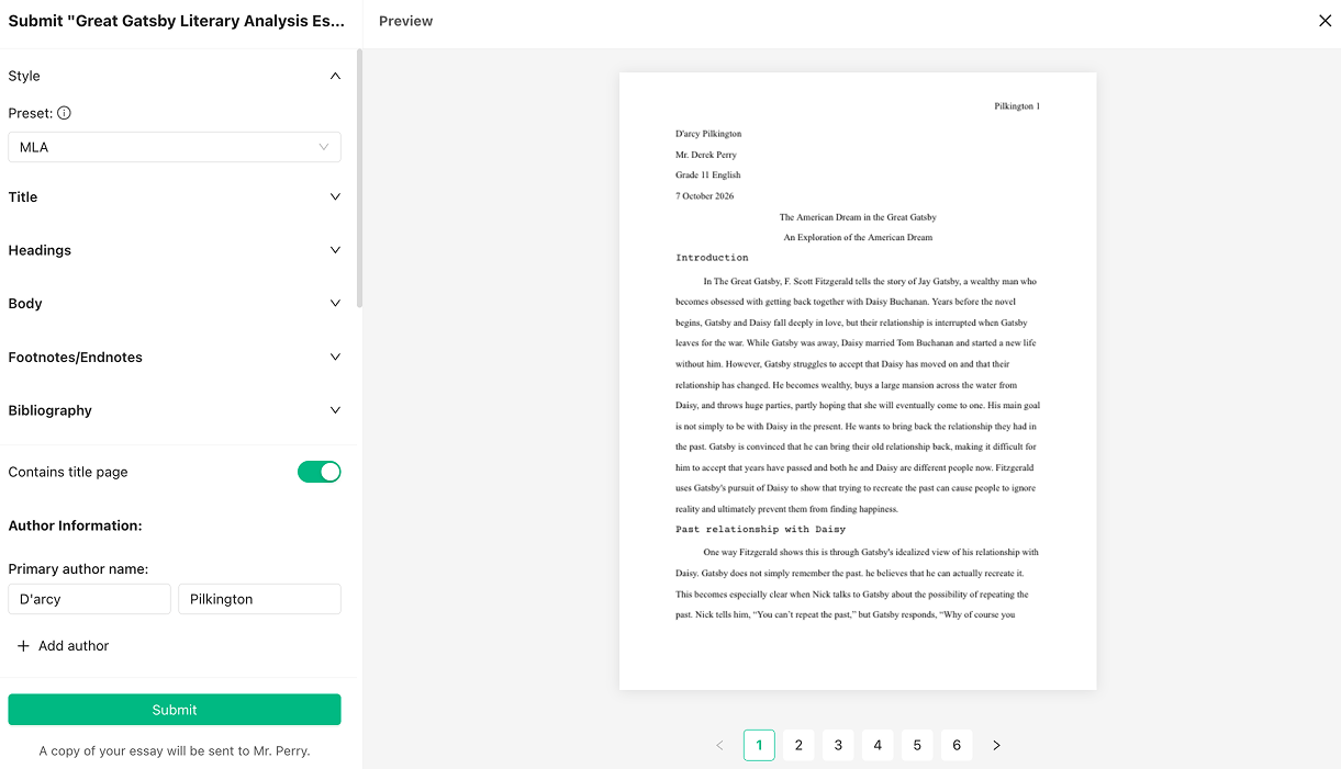 The submit screen with formatting settings on the left and a preview of the formatted essay on the right