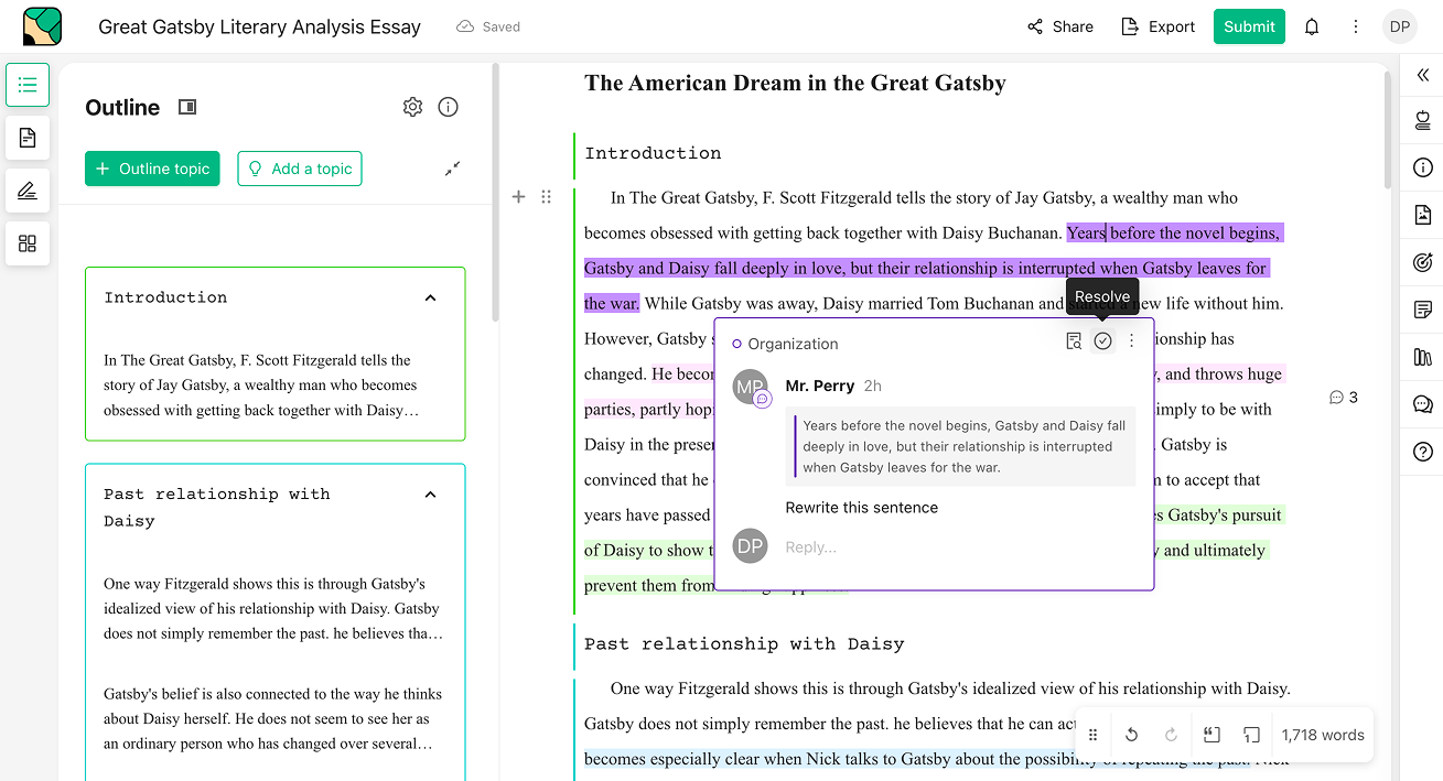A teacher comment open on an essay with the Resolve check mark showing its tooltip