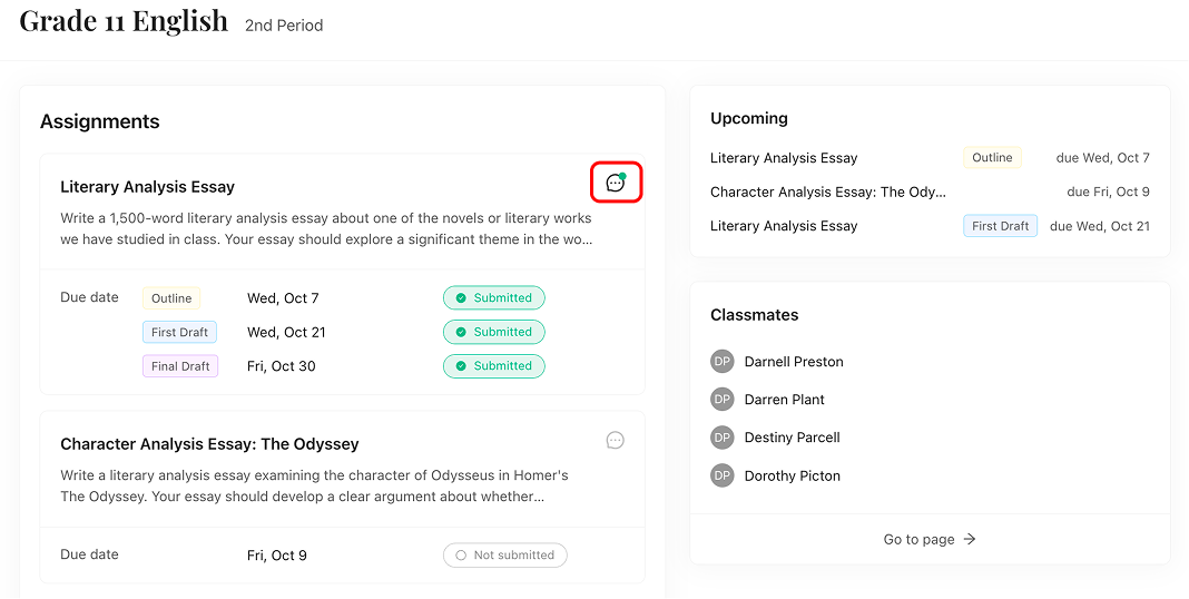 An assignment card on the class page with the comment icon highlighted, showing a green dot