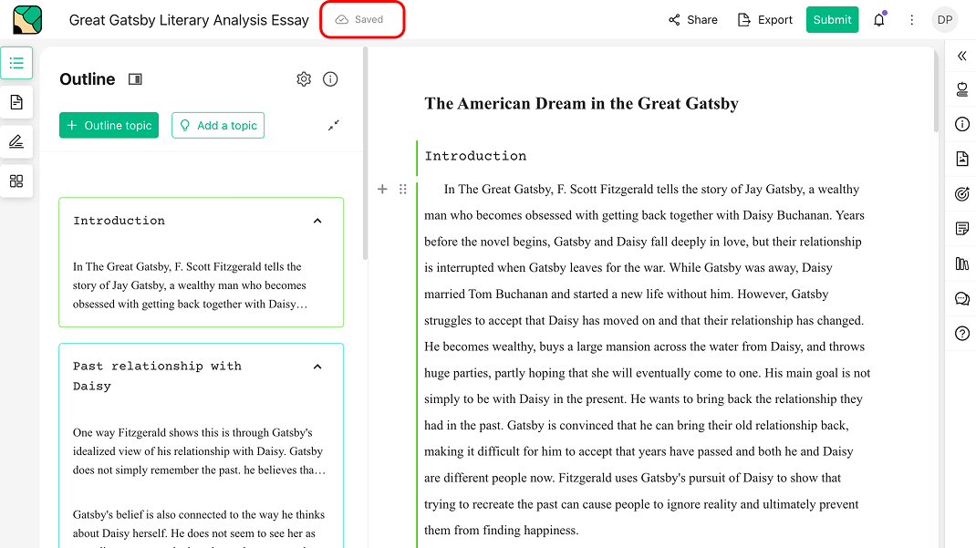 An essay open in the workspace with the Saved cloud icon next to the title highlighted