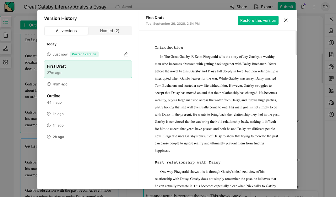 The Version History panel with a version named First Draft selected and its text shown on the right