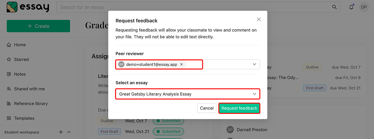 The Request feedback dialog with a peer reviewer and an essay selected