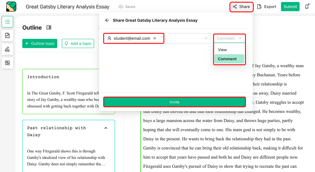 The Share panel open on an essay with a classmate's email entered, Comment access selected, and the Invite button highlighted