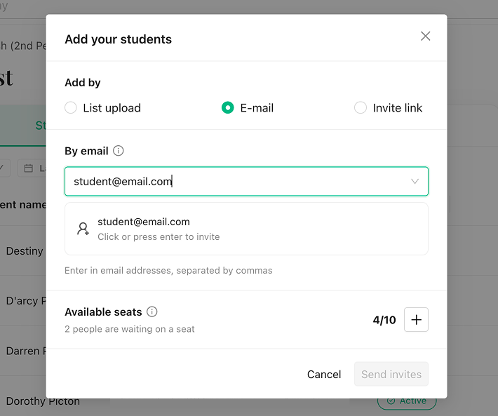 The Add your students dialog set to E-mail, with a field for entering addresses