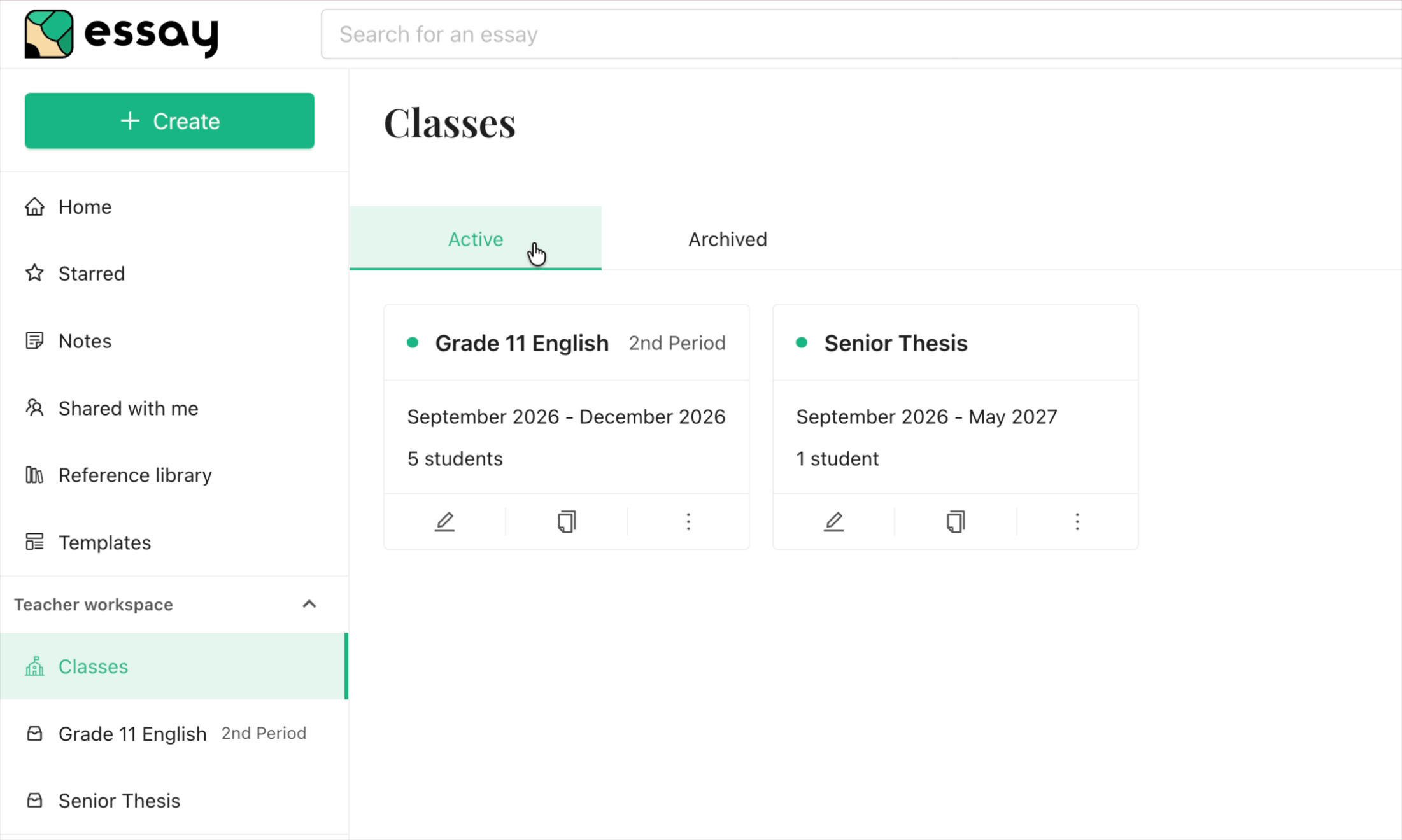 Switching between the Active and Archived tabs on the Classes page