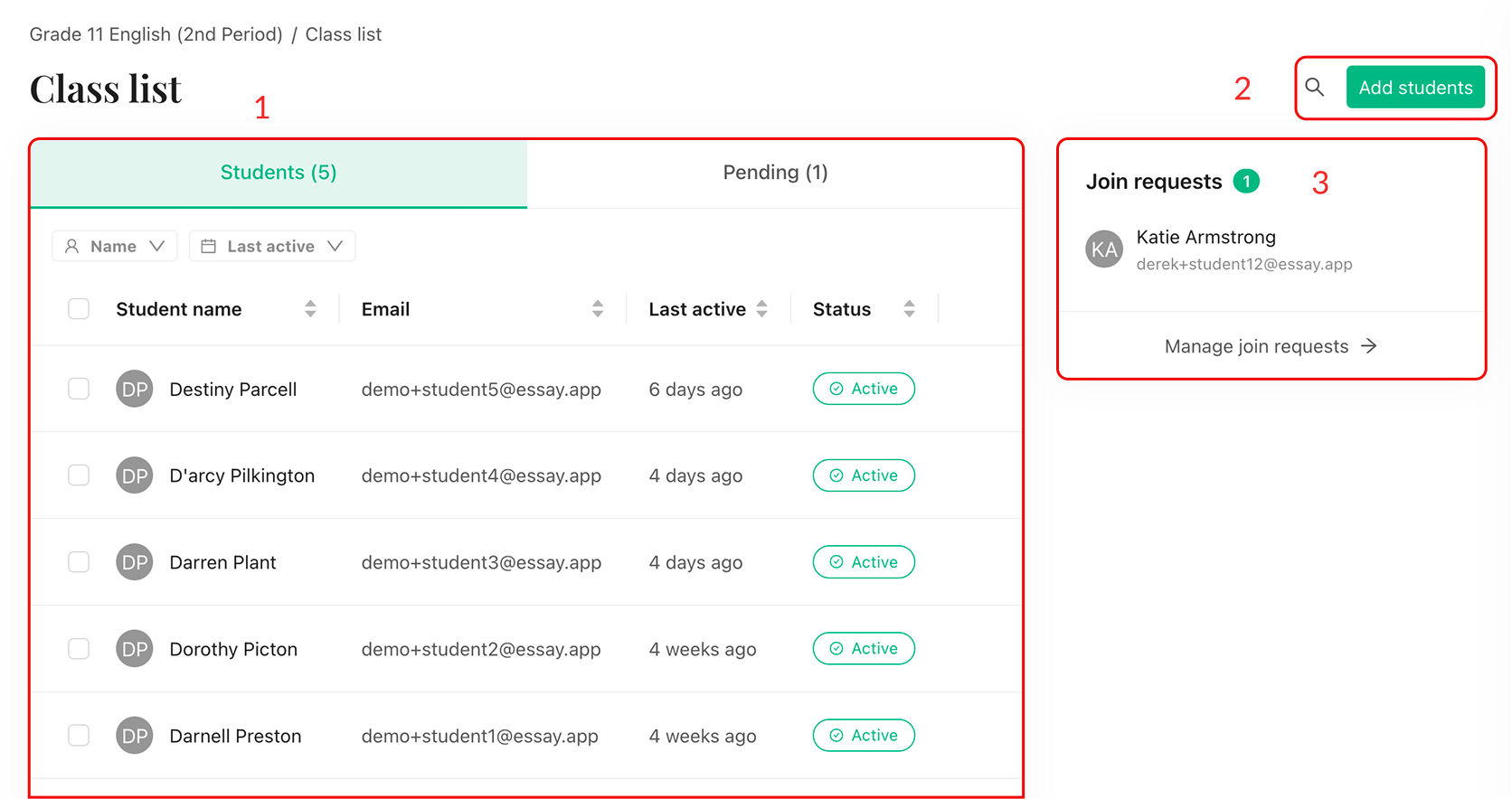 The class list page with the students table, the Add students button and the join requests panel