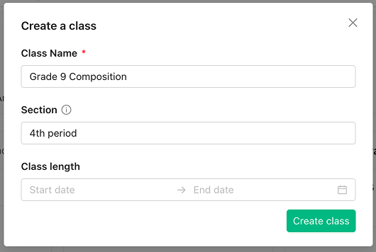The Create a class dialog with fields for class name, section and class length
