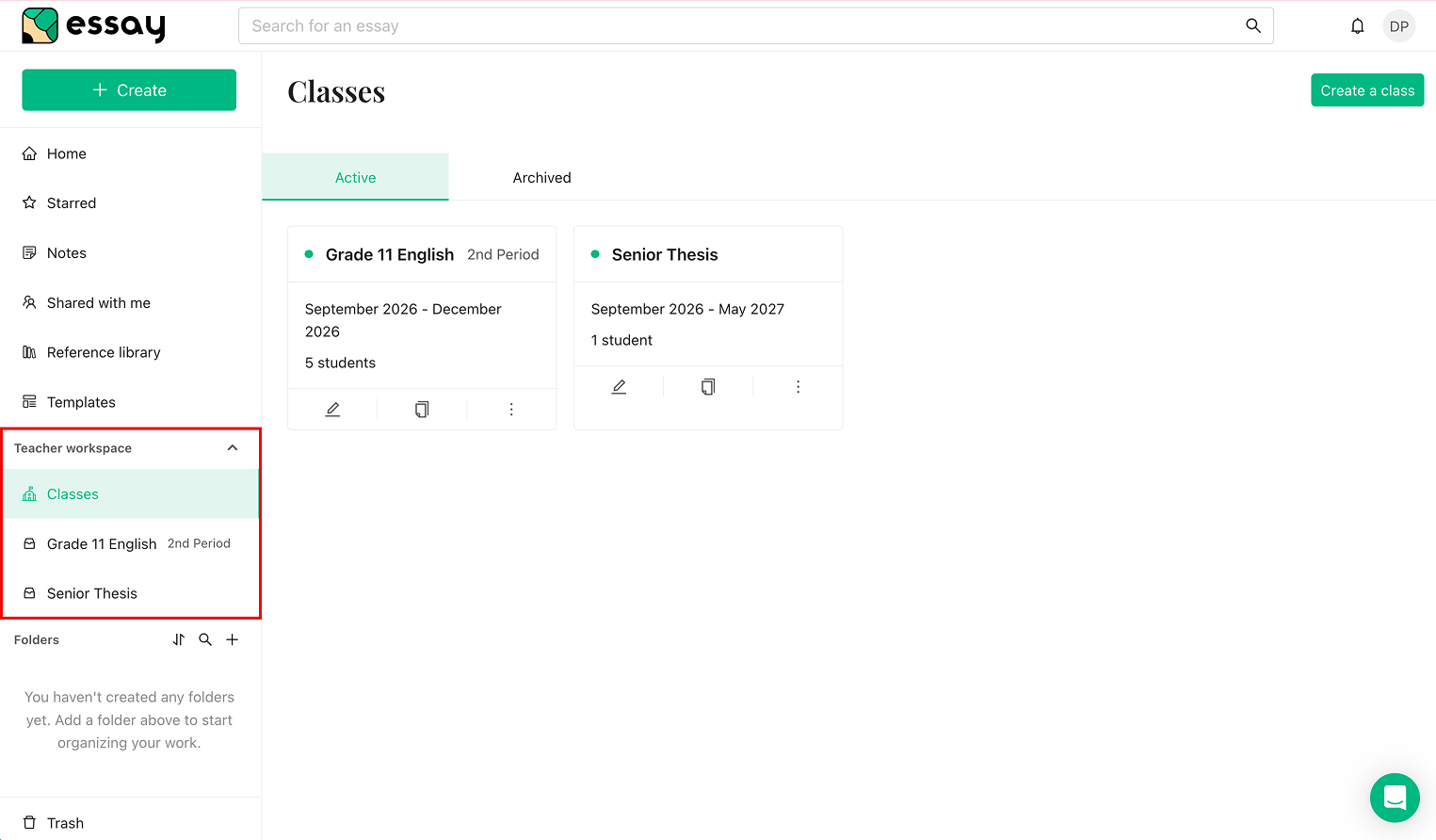 The Teacher workspace section of the left navigation panel, with Classes highlighted