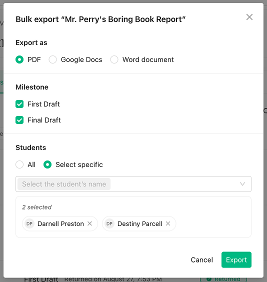 The Bulk export dialog with format options, milestone checkboxes and a student picker