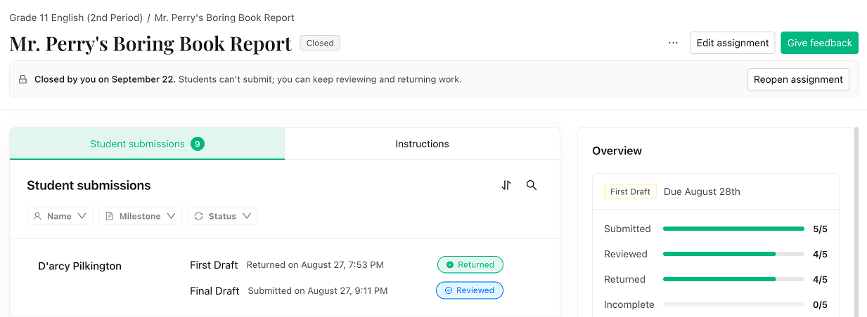 A closed assignment page with a Closed badge, a banner explaining the state and a Reopen assignment button