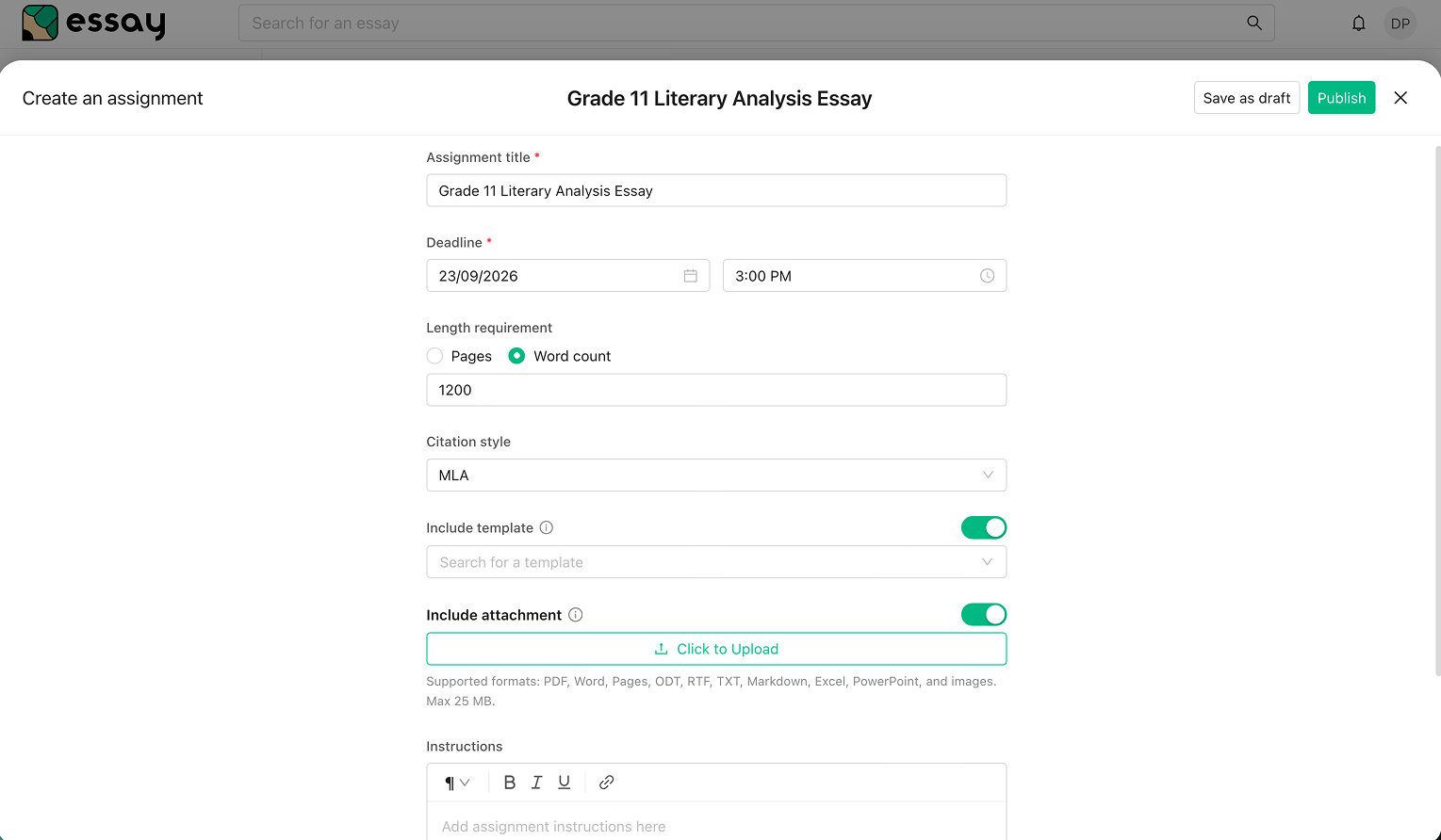 The Create an assignment form with fields for title, deadline, length requirement, citation style, template, attachment and instructions