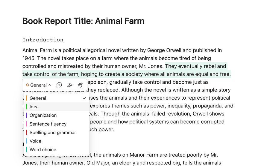 Text selected in a student essay with the feedback toolbar open and the category list showing