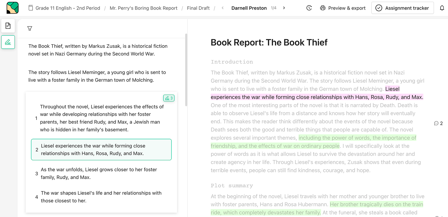 The Rewrite panel showing the essay broken into single sentences with green rewrite badges
