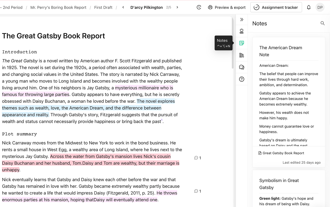 The Notes panel open beside a student essay, showing the notes they linked to it