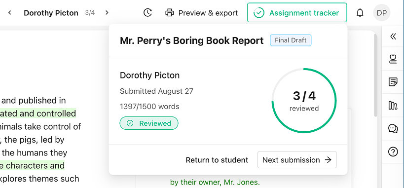 The assignment tracker after a submission is marked reviewed, offering Return to student and Next submission