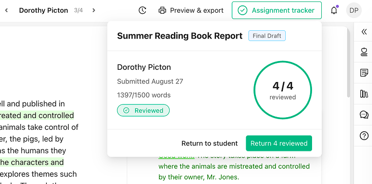 The assignment tracker showing 4 of 4 reviewed, with a Return 4 reviewed button beside Return to student