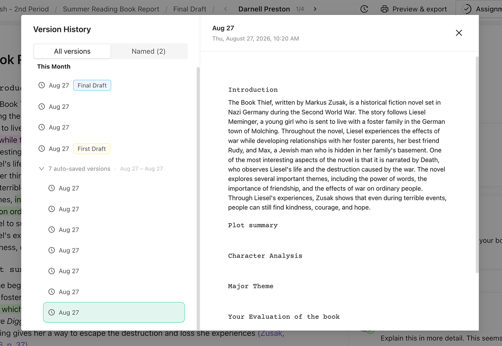 The Version History panel open, listing saved versions by date with named drafts marked and auto-saved versions grouped, beside a preview of the selected version