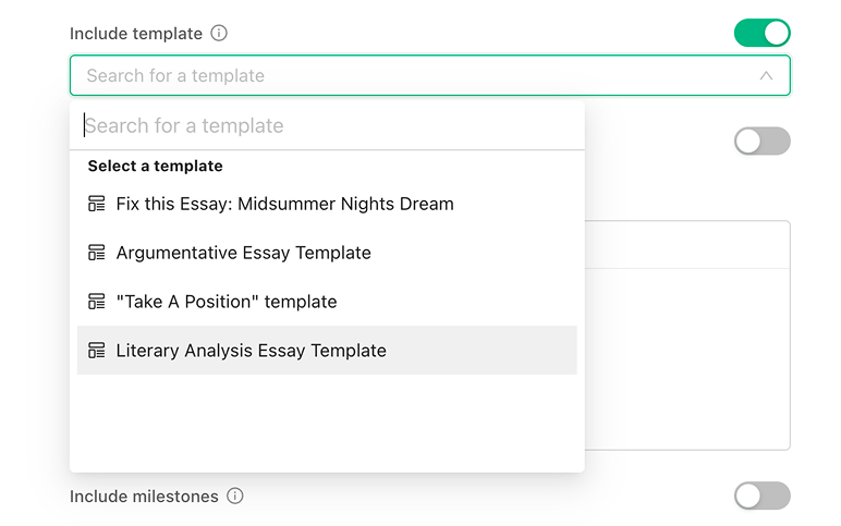 The Include template switch turned on in the assignment form with the template picker open