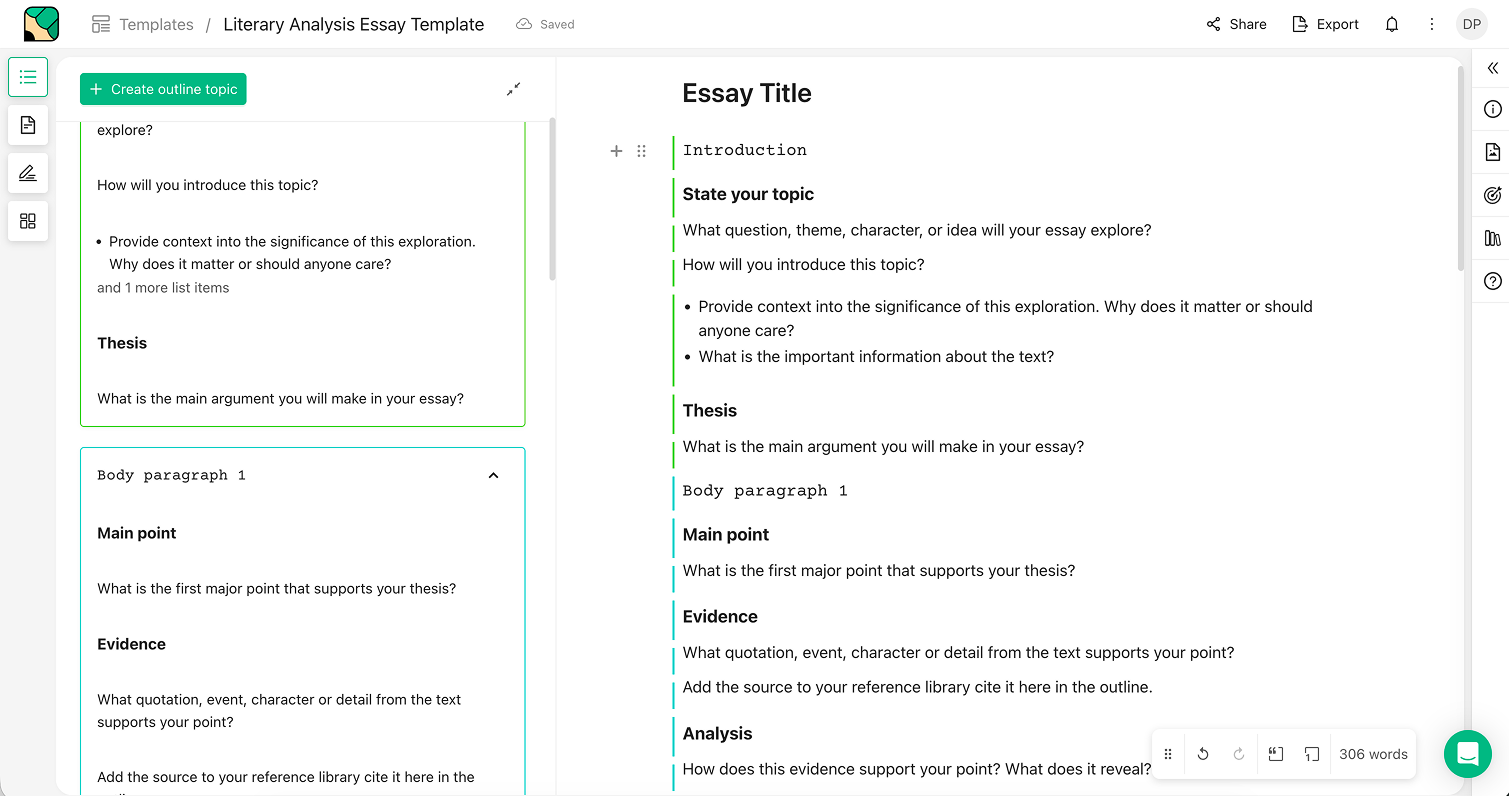 The template editor with an outline on the left and prompts for each section on the right
