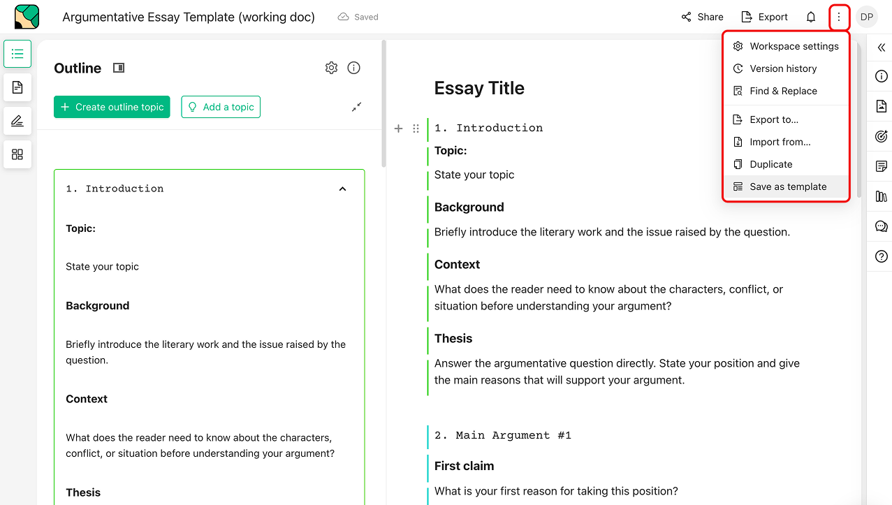 A document open in the editor with the three dot menu showing Save as template